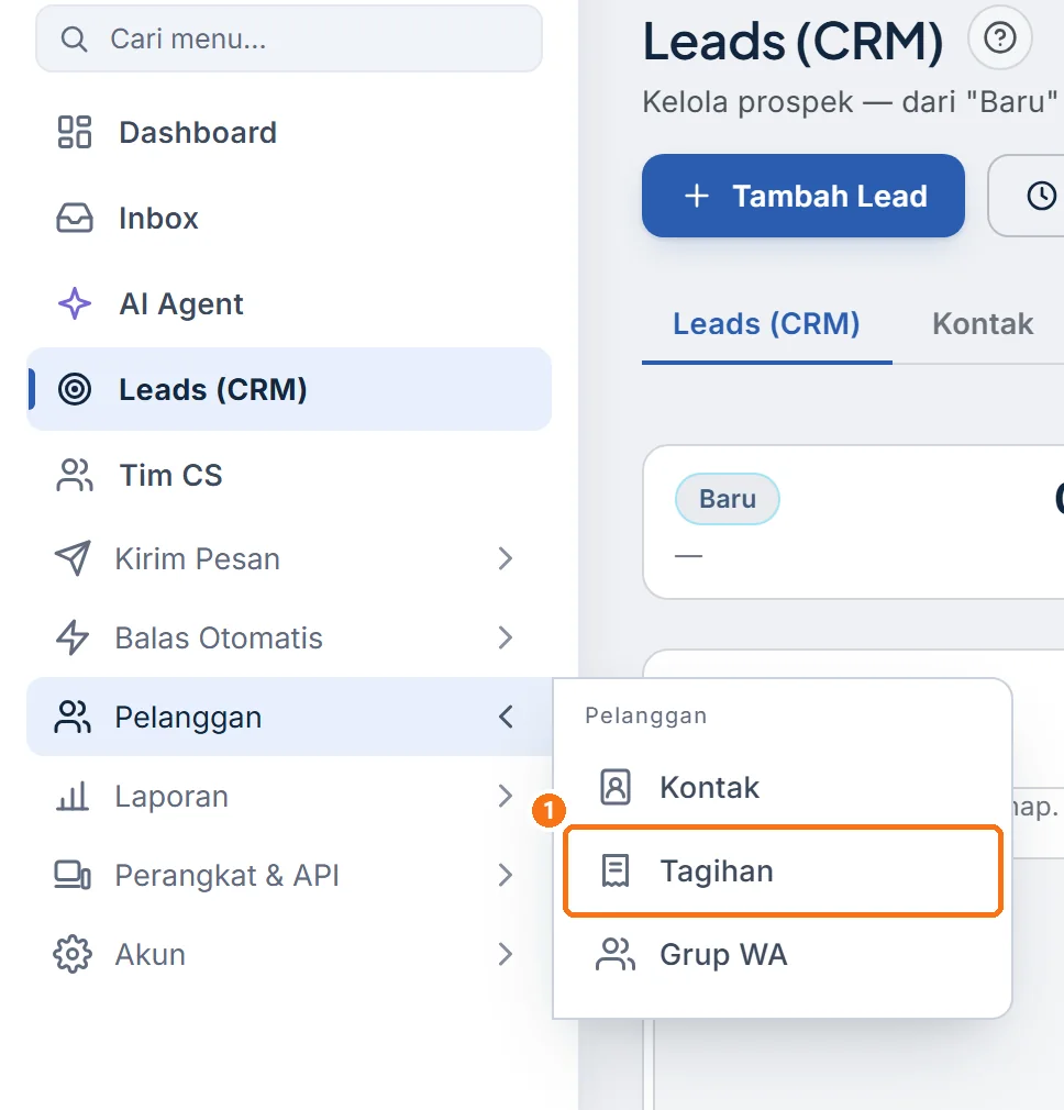 Sidebar dengan kelompok Pelanggan terbuka dan menu Tagihan