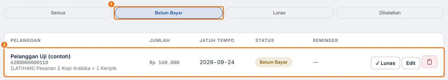 Halaman Tagihan dengan chip Belum Bayar aktif dan tabel yang hanya berisi tagihan belum dibayar