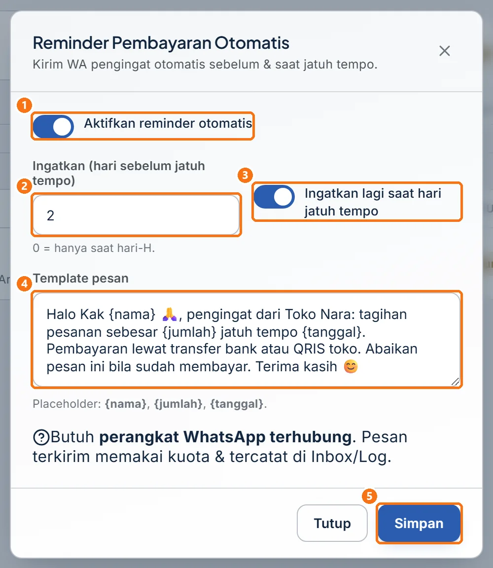 Jendela Reminder Pembayaran Otomatis terisi: sakelar menyala, pengingat 2 hari sebelumnya, pengingat hari-H, dan template pesan