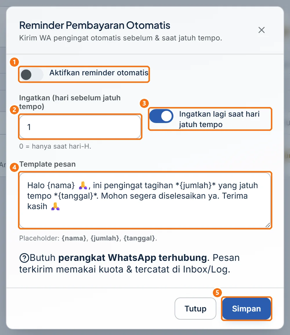Jendela Reminder Pembayaran Otomatis dengan nilai bawaan