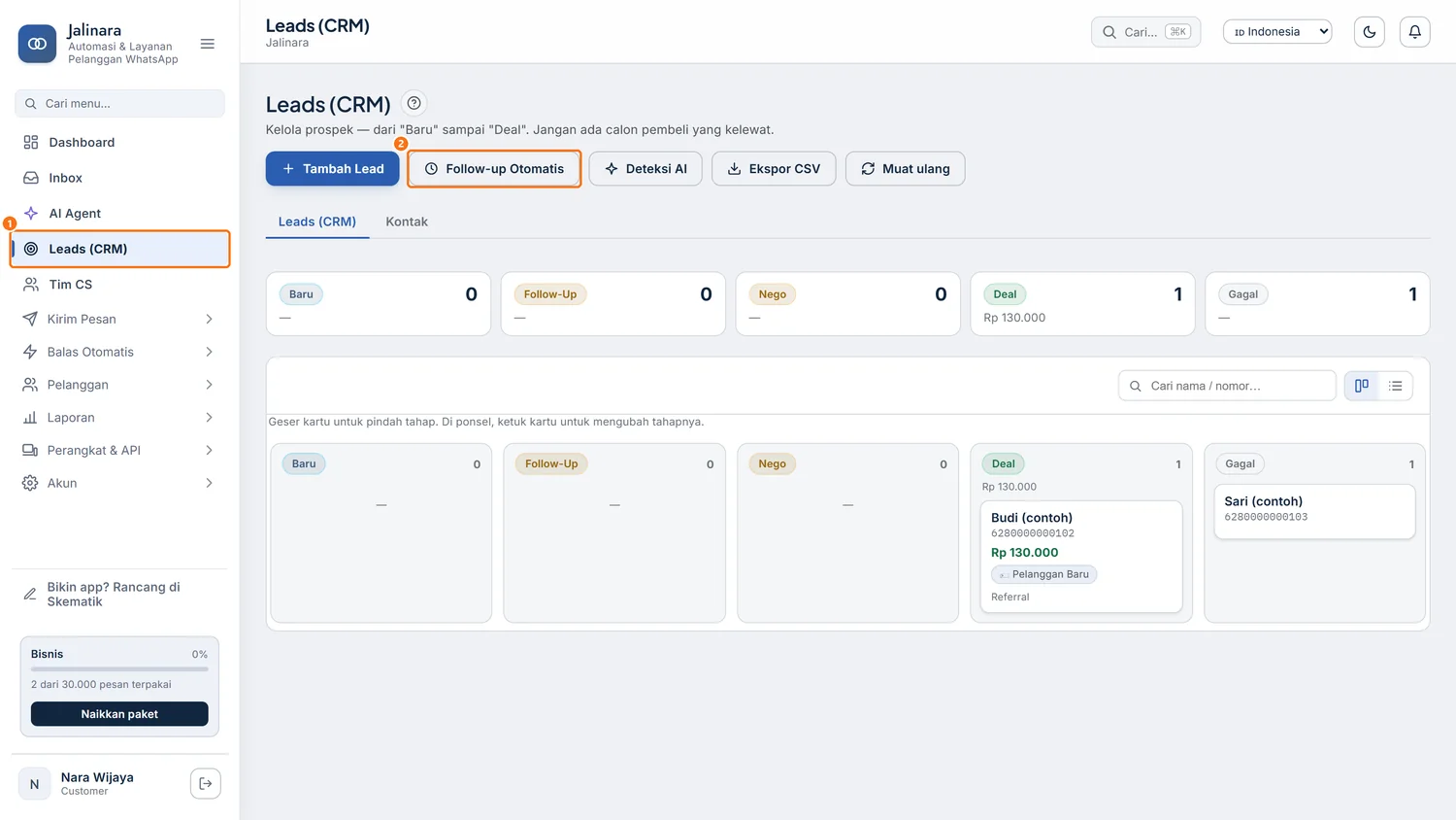Halaman Leads (CRM) dengan papan tahap dan tombol Follow-up Otomatis di kanan atas