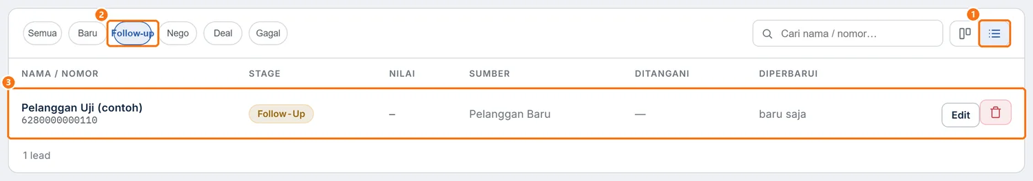 Tampilan daftar Leads yang disaring dengan chip Follow-up