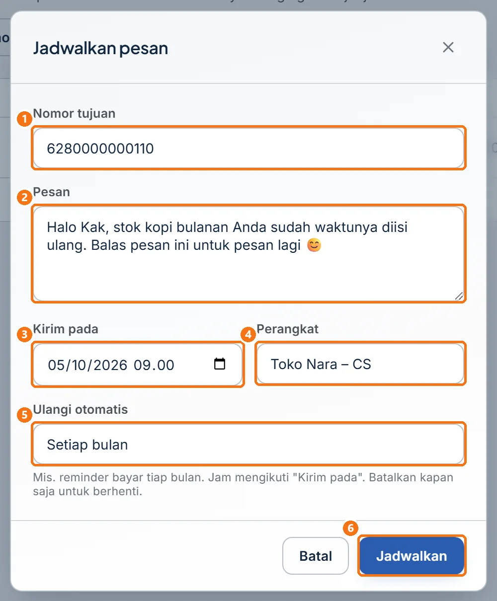 Jendela Jadwalkan pesan berisi contoh pengingat langganan kopi bulanan