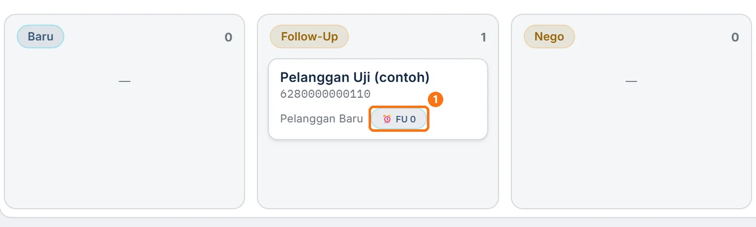 Kartu lead di kolom Follow-up dengan badge FU 0