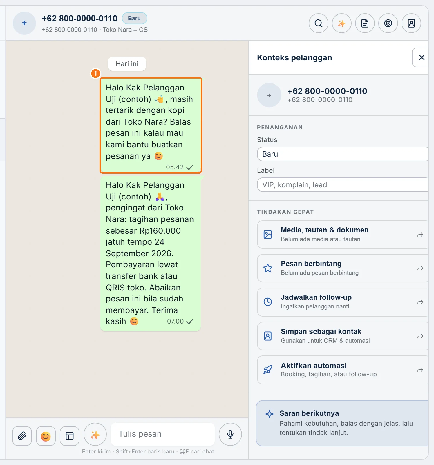 Percakapan di Inbox berisi pesan follow-up otomatis