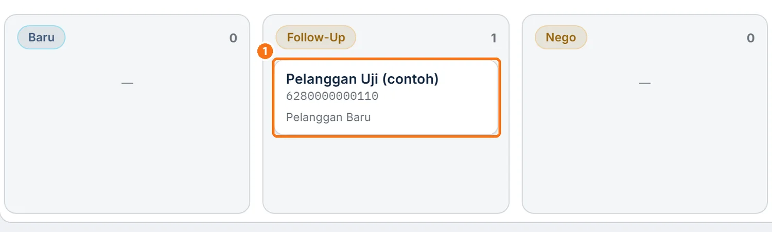 Kartu lead uji tetap di kolom Follow-up tanpa badge FU