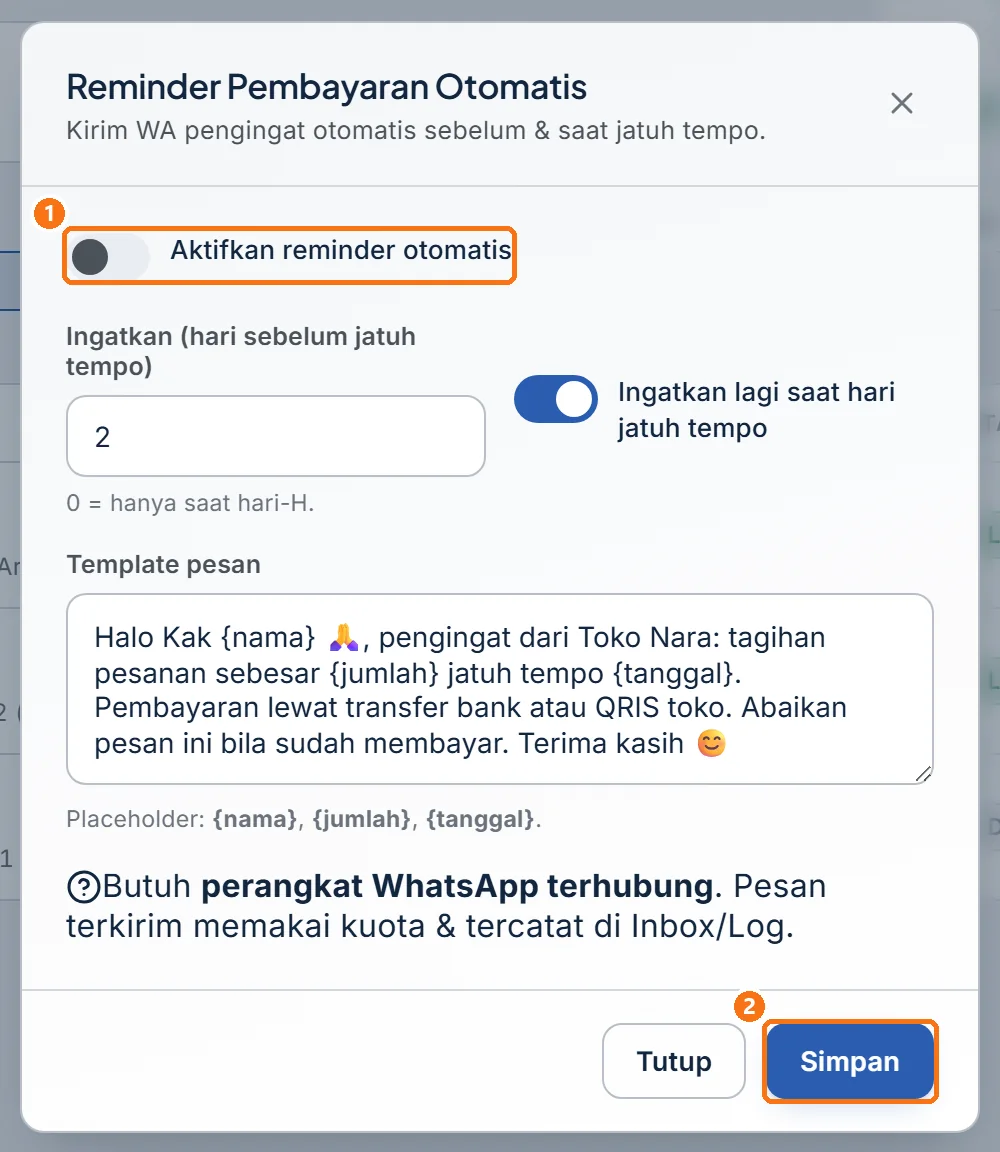 Jendela Reminder Pembayaran Otomatis dengan sakelar utama dimatikan