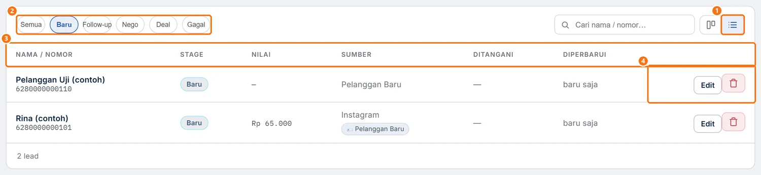 Halaman Leads (CRM) dalam Tampilan daftar dengan chip saring tahap