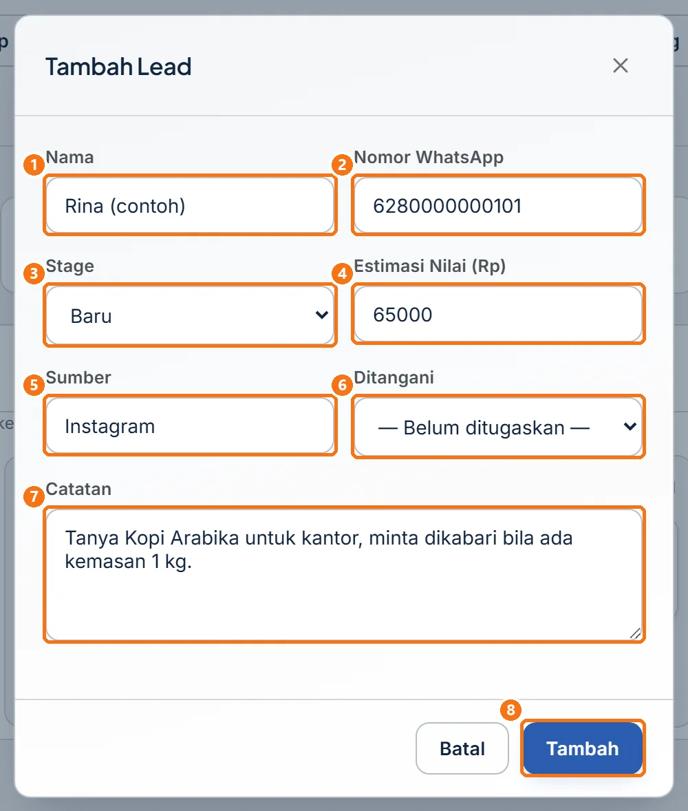 Jendela Tambah Lead yang sudah diisi data satu lead contoh