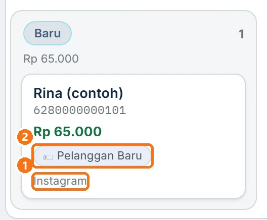 Kartu lead dengan Sumber Instagram dan chip tag kontak Pelanggan Baru