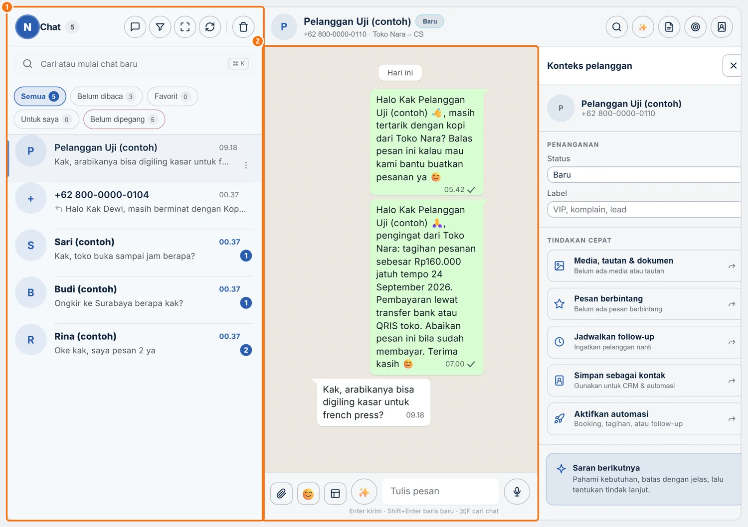 Halaman Inbox dengan daftar chat di kiri dan percakapan pelanggan terbuka di sebelahnya