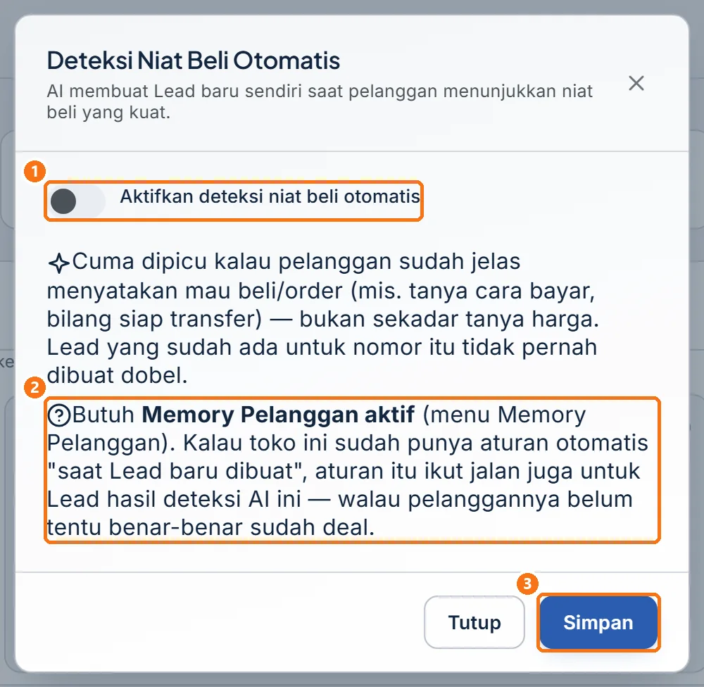 Jendela Deteksi Niat Beli Otomatis dengan sakelar, kotak keterangan, dan tombol Simpan