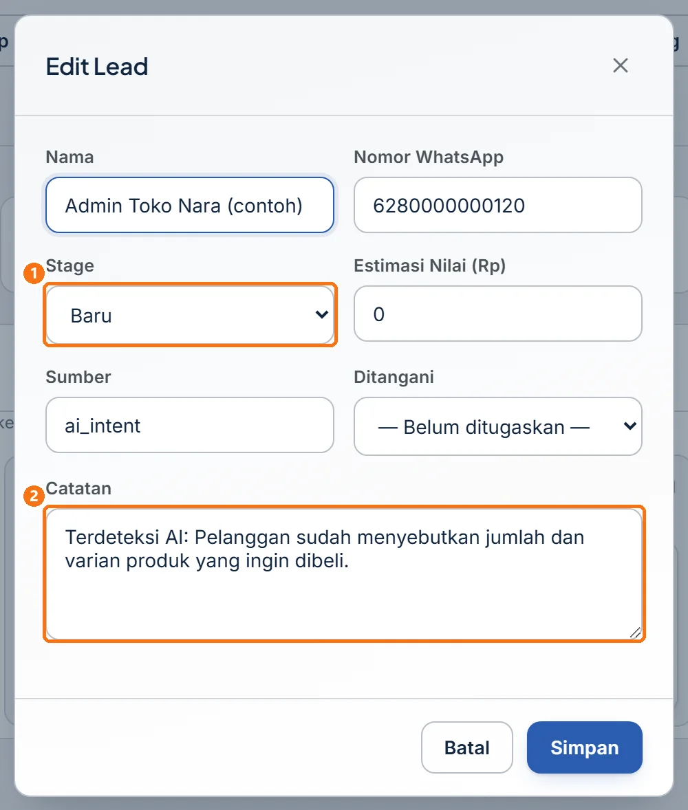 Jendela Edit Lead berisi lead hasil Deteksi AI dengan Stage Baru dan Catatan Terdeteksi AI