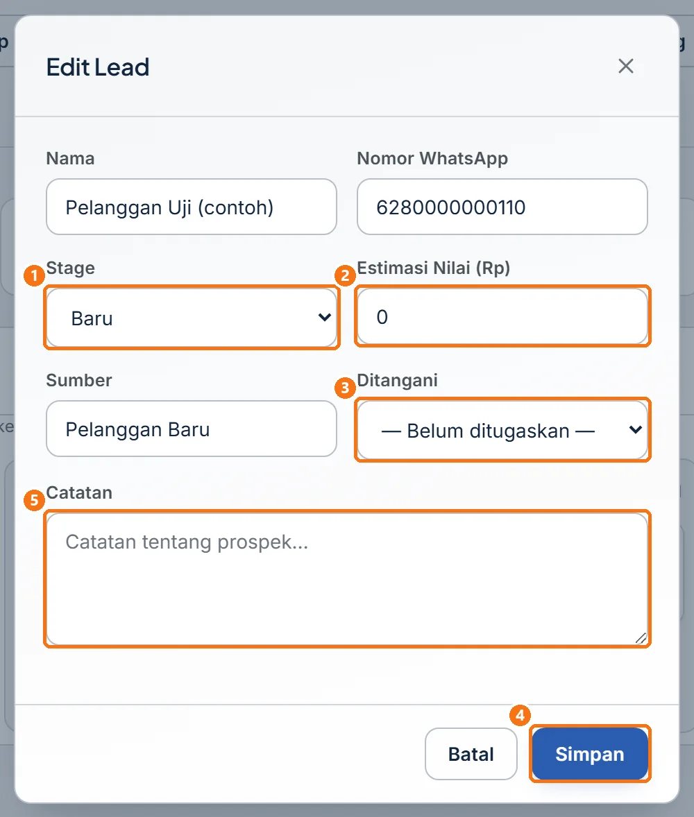 Jendela Edit Lead berisi data lead yang bisa diubah
