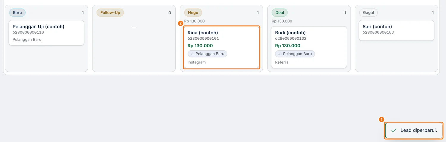 Leads (CRM) setelah lead diperbarui: notifikasi dan kartu dengan nilai baru