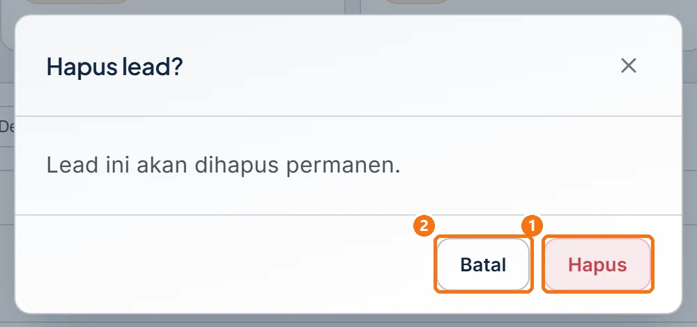 Dialog Hapus lead? dengan tombol Hapus dan Batal