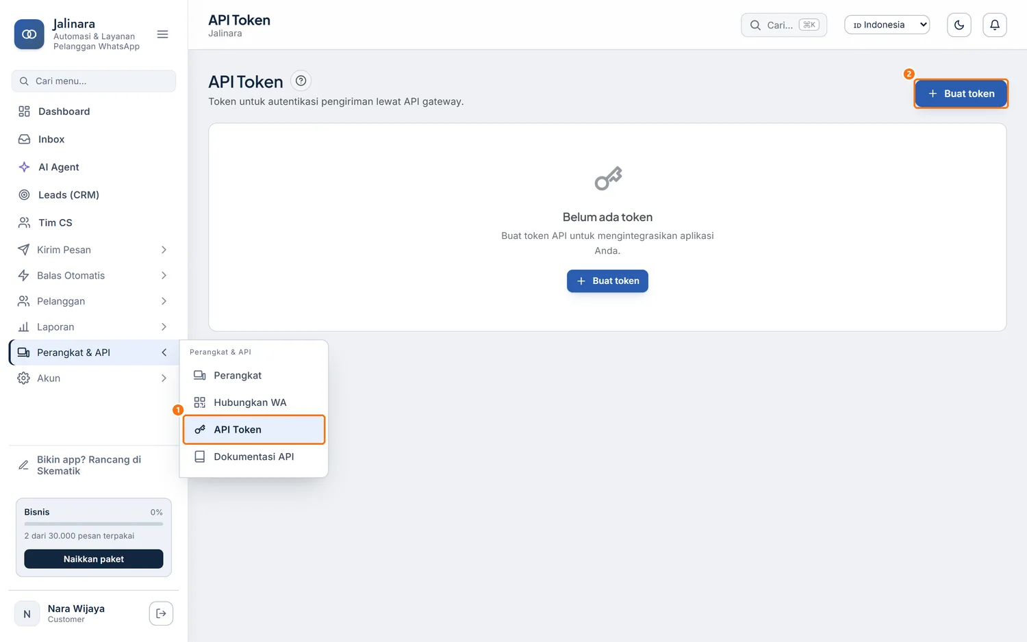 Halaman API Token dengan tombol Buat token di kanan atas