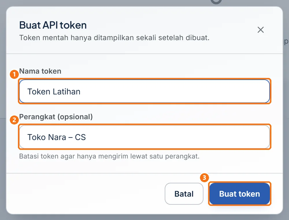 Jendela Buat API token berisi nama token dan pilihan perangkat (isi pada gambar hanya contoh)