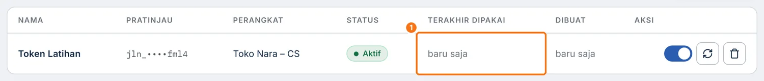 Tabel API Token setelah uji, kolom Terakhir dipakai berisi waktu pemakaian terakhir