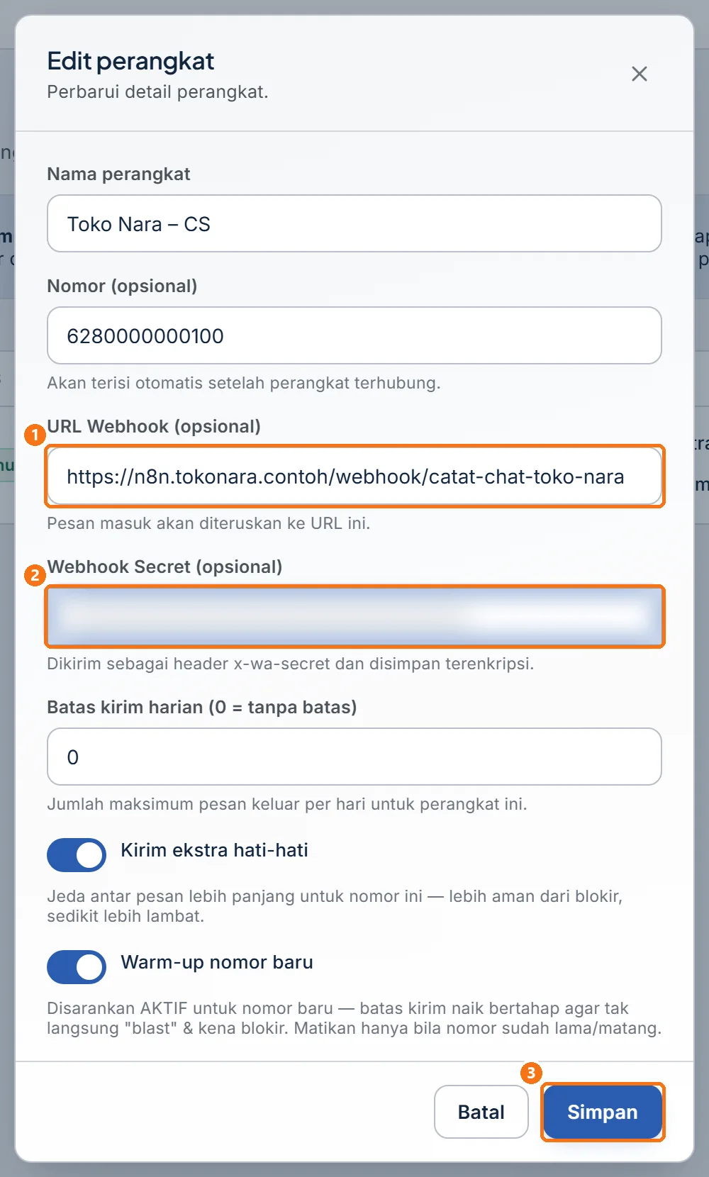Jendela Edit perangkat dengan URL Webhook dan Webhook Secret terisi
