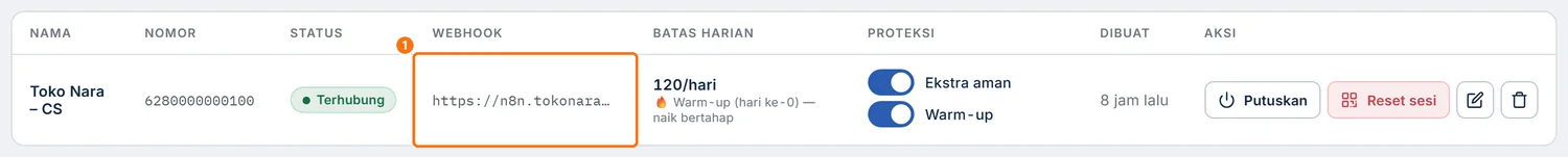 Kolom Webhook di tabel Perangkat terisi alamat setelah disimpan