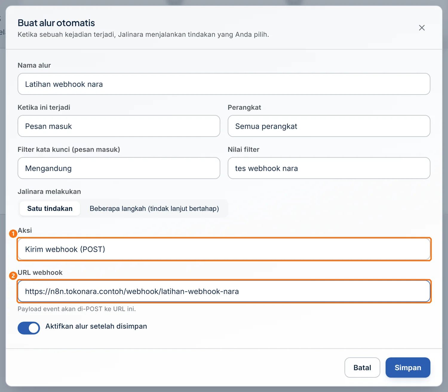 Alur Automasi dengan aksi Kirim webhook (POST) dan kolom URL webhook