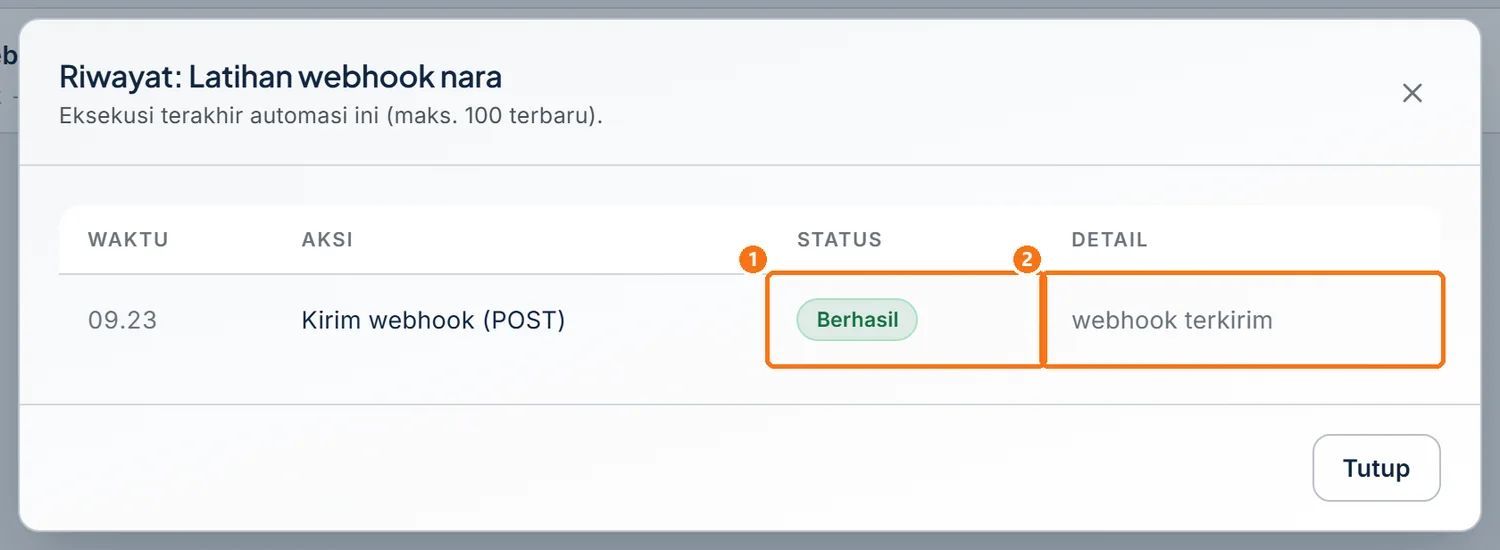 Riwayat eksekusi alur webhook berstatus Berhasil dengan detail webhook terkirim