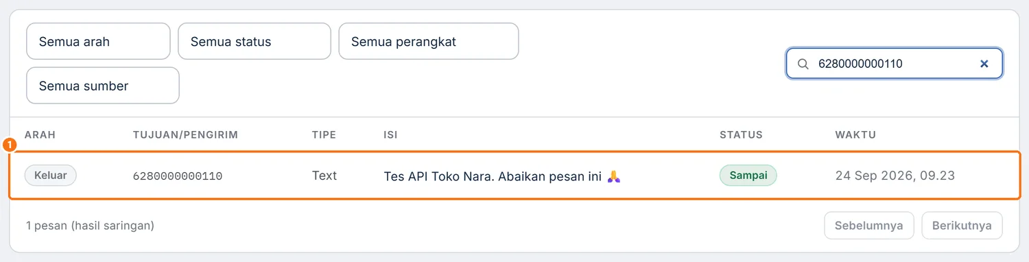 Log Pesan berisi satu pesan keluar ke nomor tujuan yang dikirim lewat API