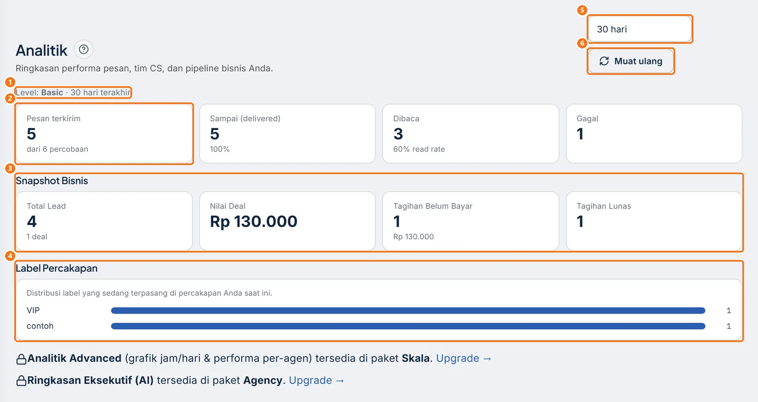 Halaman Analitik akun Bisnis: level, kartu performa pesan, Snapshot Bisnis, dan Label Percakapan