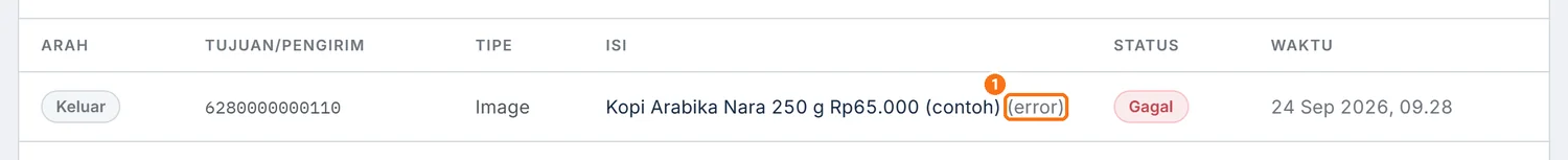 Tulisan (error) di kolom Isi pada pesan gagal