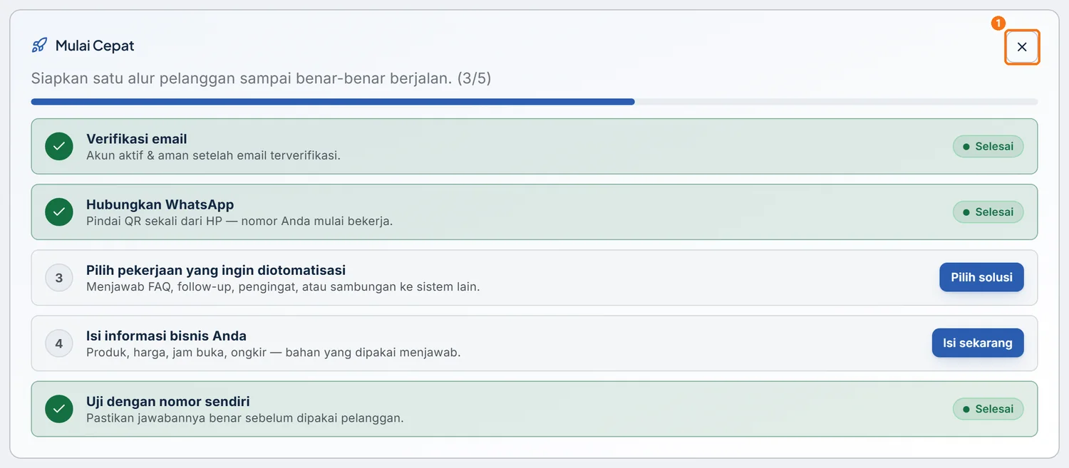 Kartu Mulai Cepat dengan tombol ✕ di pojok kanan atas