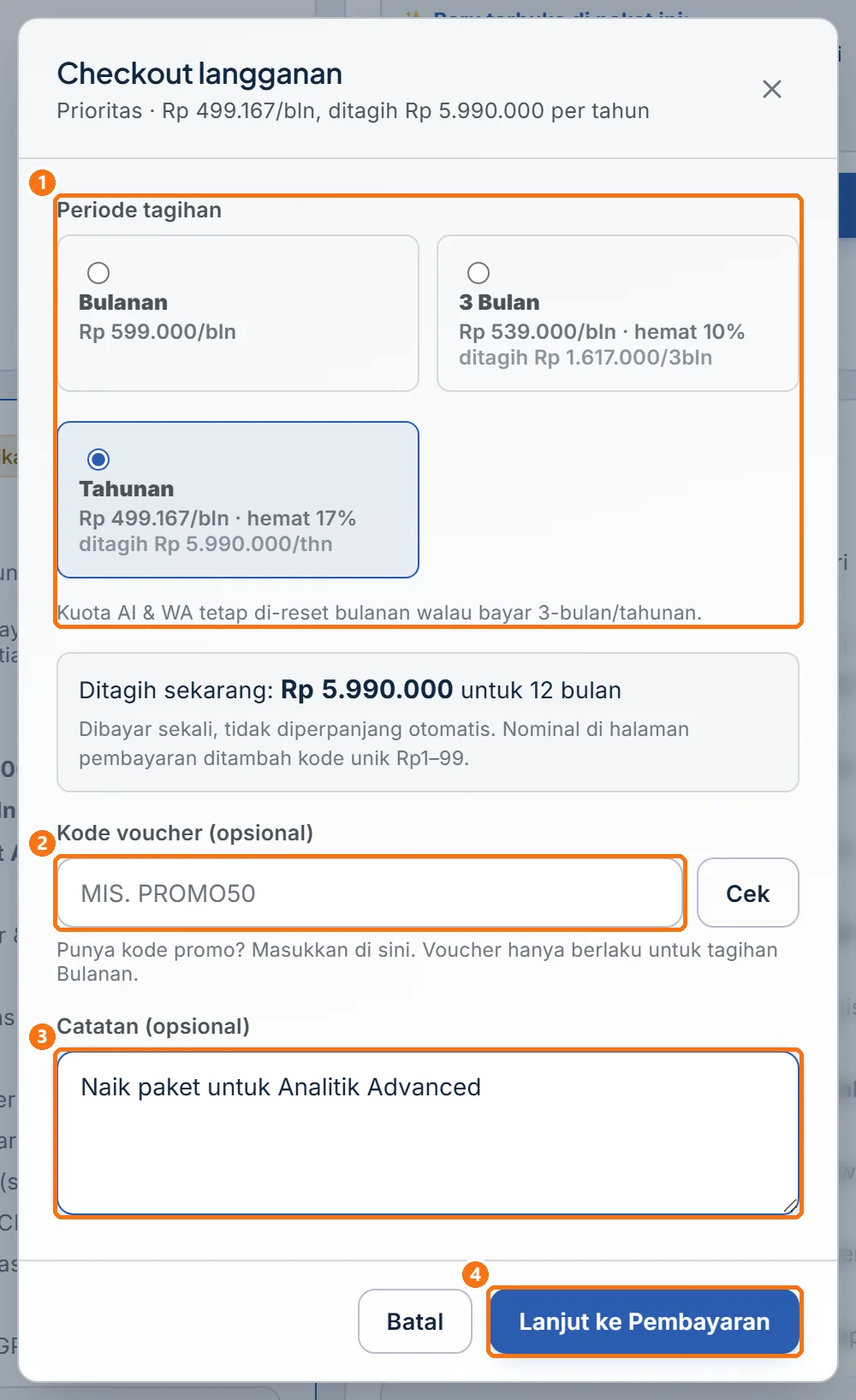 Jendela Checkout langganan sebelum Lanjut ke Pembayaran