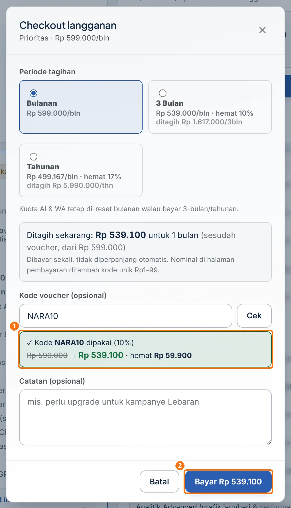 Hasil pemeriksaan kode voucher di Checkout langganan