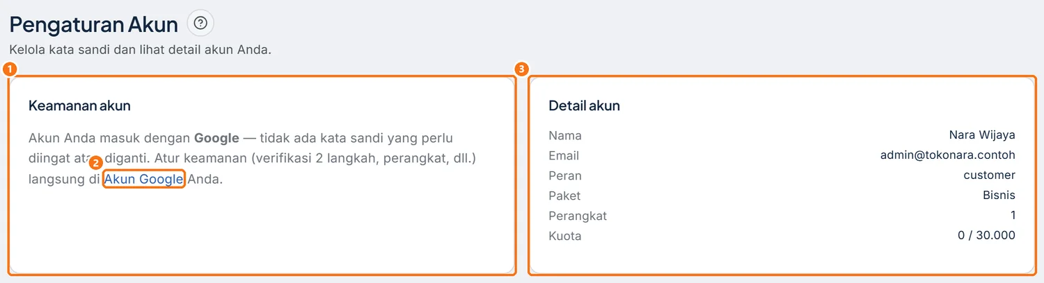 Halaman Pengaturan Akun di akun pemilik