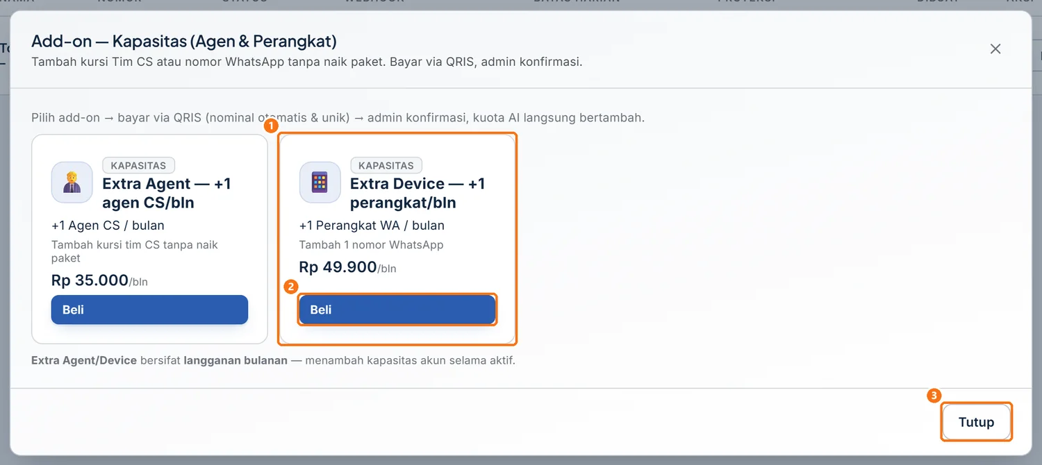 Jendela Add-on Kapasitas sebelum Beli