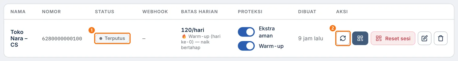 Baris perangkat berstatus Terputus dengan ikon untuk menyambung lagi