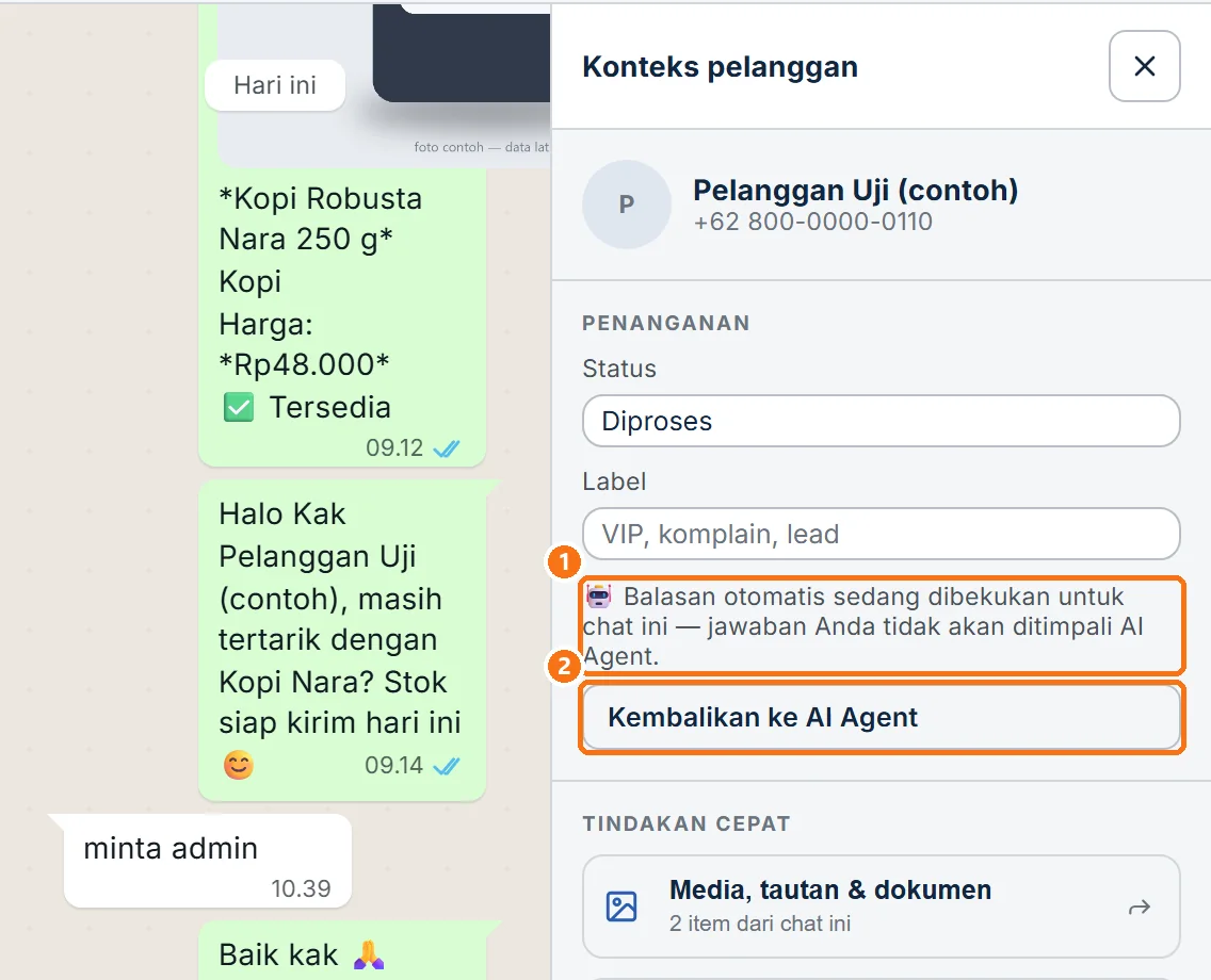 Panel Konteks pelanggan dengan tombol Kembalikan ke AI Agent