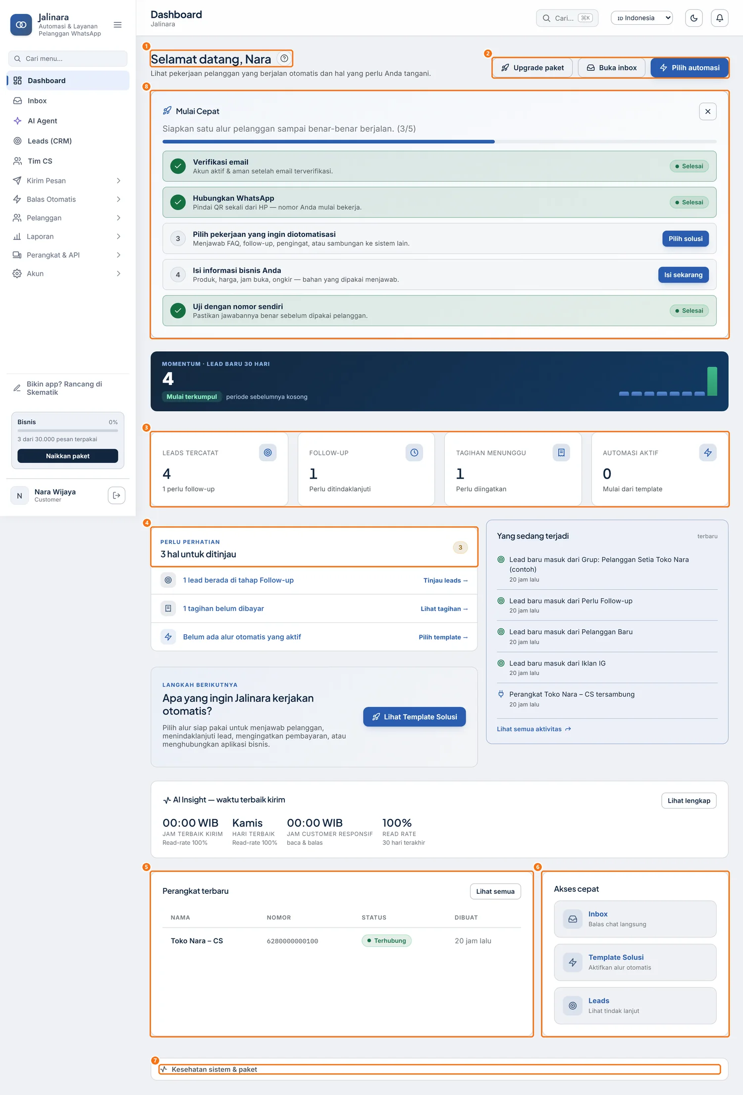 Dashboard biasa setelah nomor terhubung