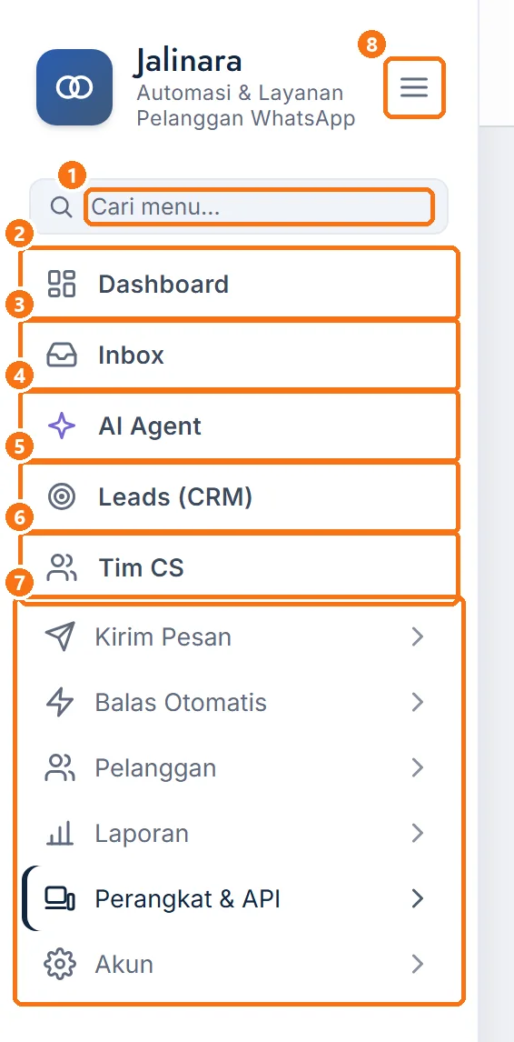 Sidebar dengan lima menu yang disematkan dan kelompok menu