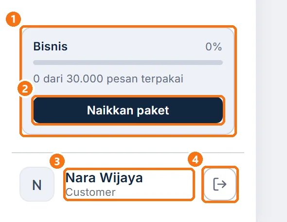 Bagian bawah sidebar: kotak paket, nama pengguna, dan tombol Keluar