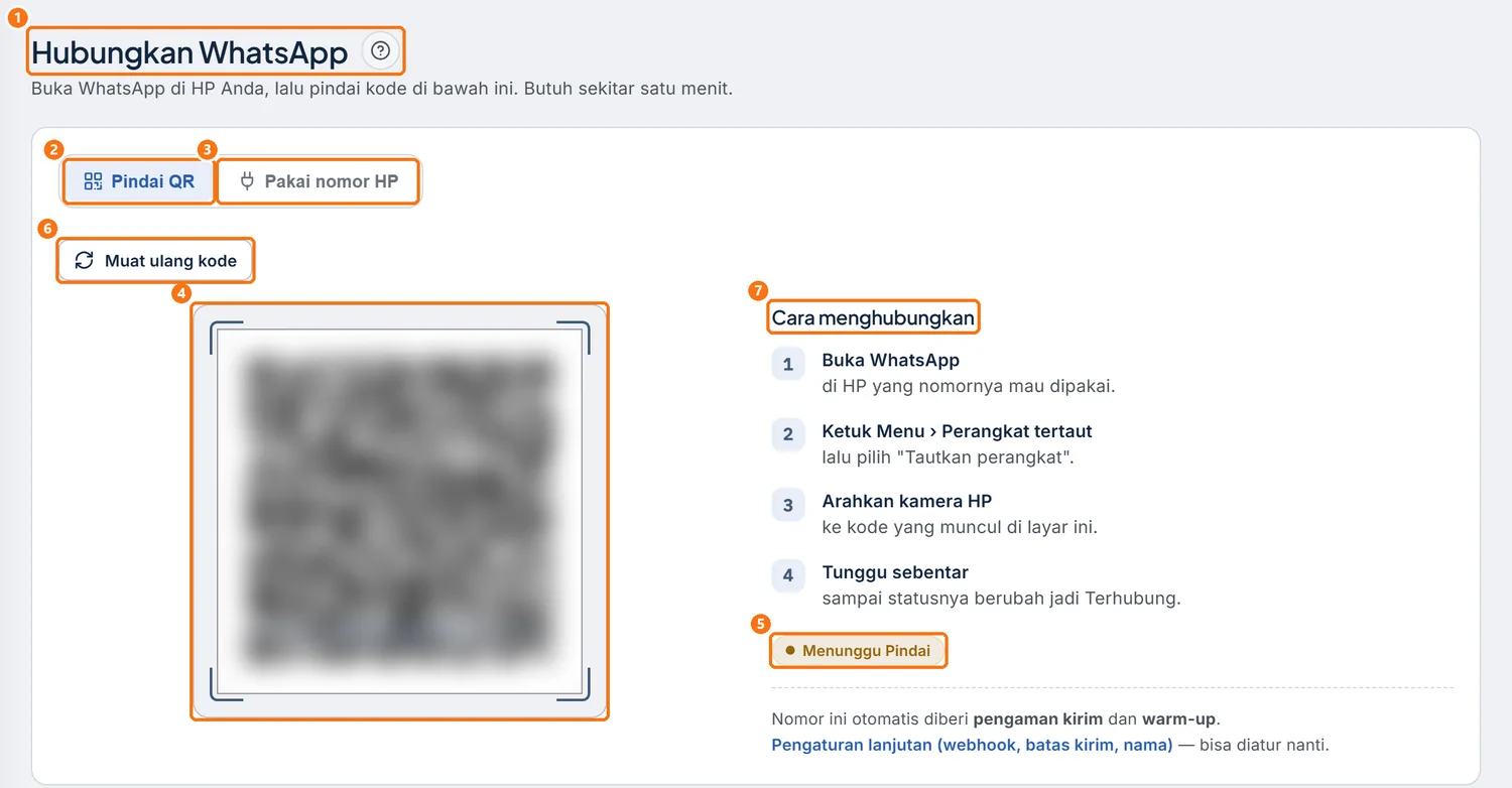 Halaman Hubungkan WhatsApp dengan kode QR dan panel Cara menghubungkan