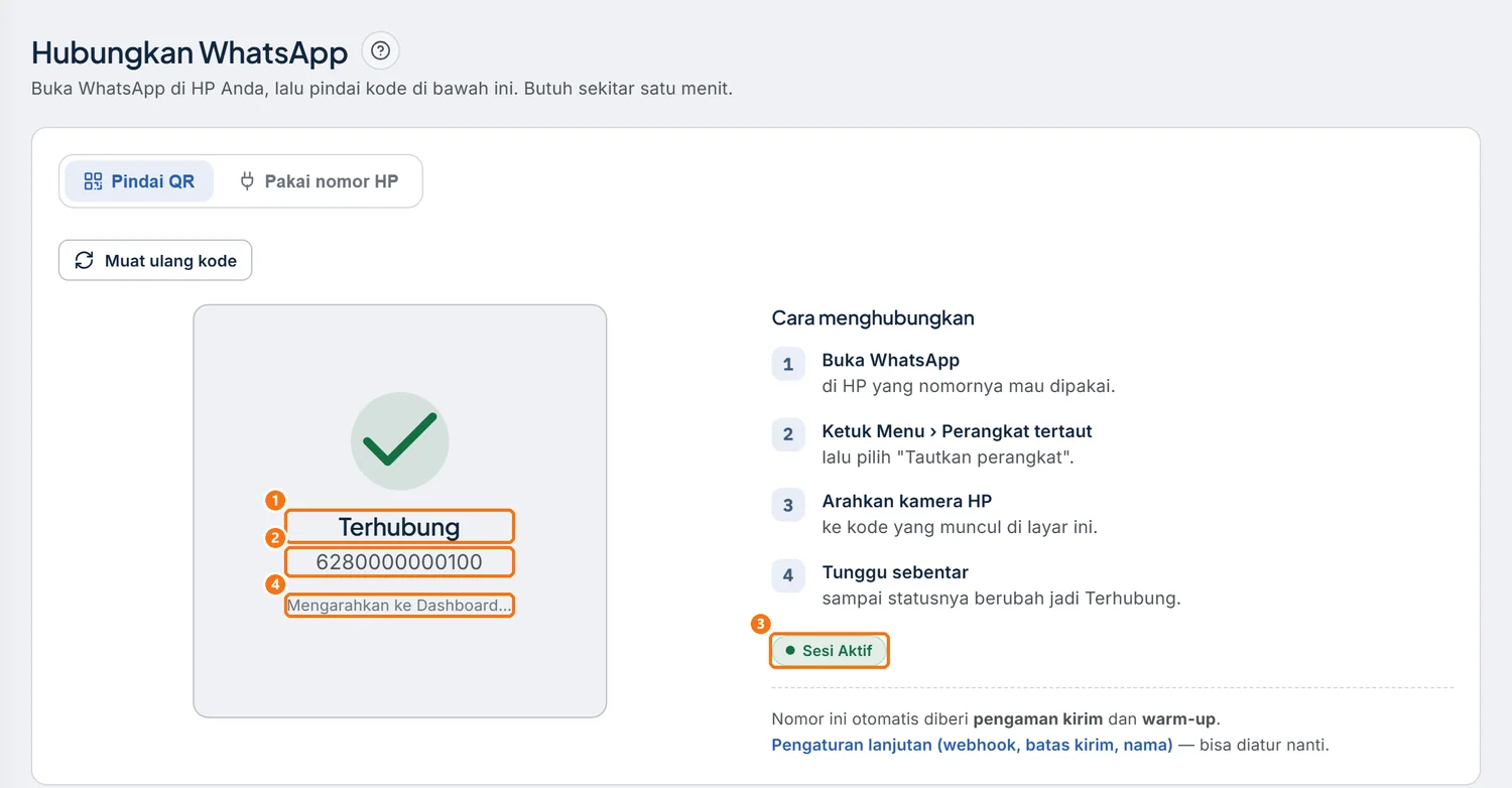 Halaman Hubungkan WhatsApp setelah nomor berhasil tertaut
