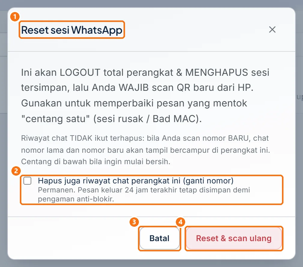 Dialog Reset sesi WhatsApp dengan kotak centang hapus riwayat chat