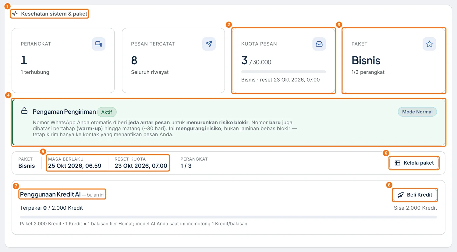 Bagian Kesehatan sistem & paket di Dashboard