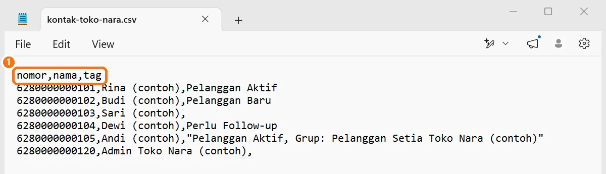 File CSV dibuka di Notepad, baris pertama berisi nomor,nama,tag dengan koma