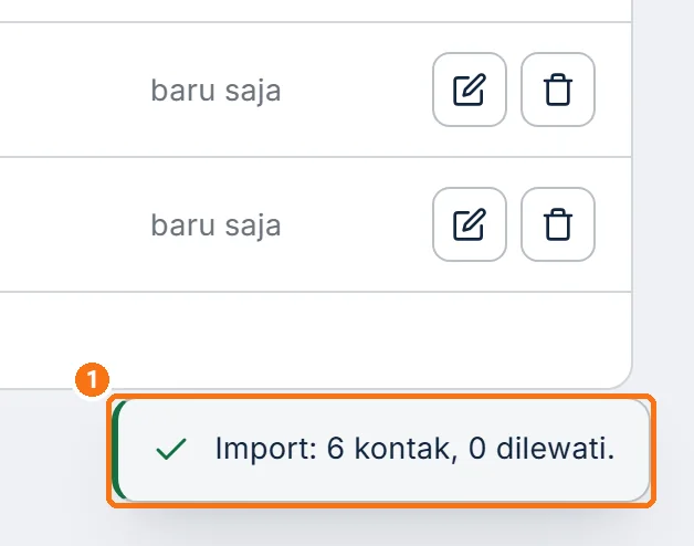 Notifikasi hasil impor berbunyi Import: 6 kontak, 0 dilewati.