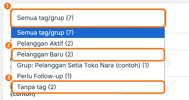 Daftar saringan tag terbuka, berisi tag beserta jumlah kontaknya