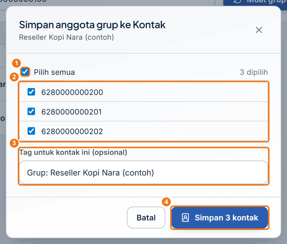 Jendela Simpan anggota grup ke Kontak berisi daftar nomor anggota yang tercentang dan kolom tag