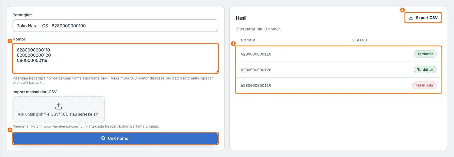 Hasil pemeriksaan tiga nomor, dengan status Terdaftar atau Tidak Ada dan tombol Export CSV