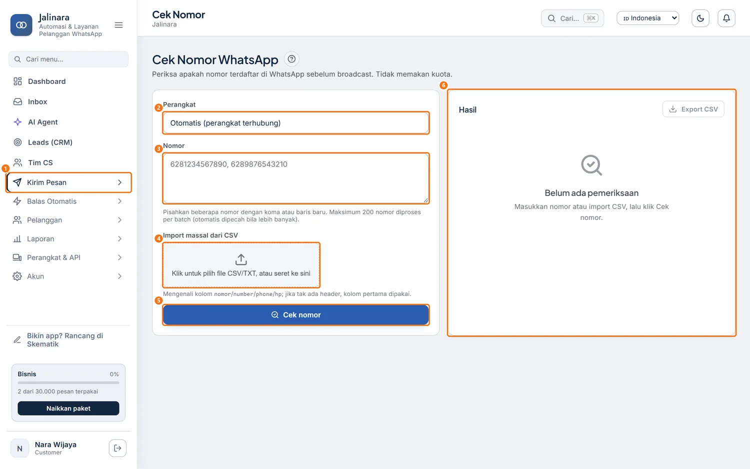 Halaman Cek Nomor WhatsApp sebelum pemeriksaan, berisi kolom Perangkat, Nomor, Import massal dari CSV, dan tombol Cek nomor